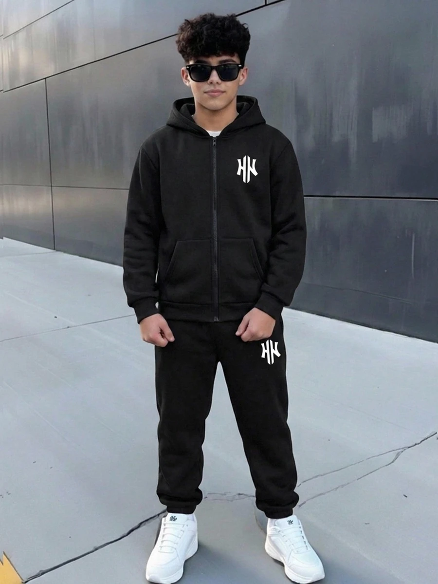 Kids 2pcs Tween Boy Casual Woven Ribbon Autumn Hooded Zip-Up Sweatshirt And Sweatpants - Black - View 1
