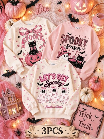 Sweatshirt lengan panjang berkerah bulat dengan motif elemen Halloween, cocok untuk anak perempuan dipakai di musim gugur dan musim dingin, gaya kasual minimalis yang nyaman untuk sehari-hari.