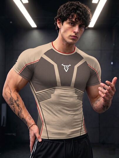GymBeat Men's Bull Head Print Colorblock Slim Fit Versatile Casual Sports T-Shirt