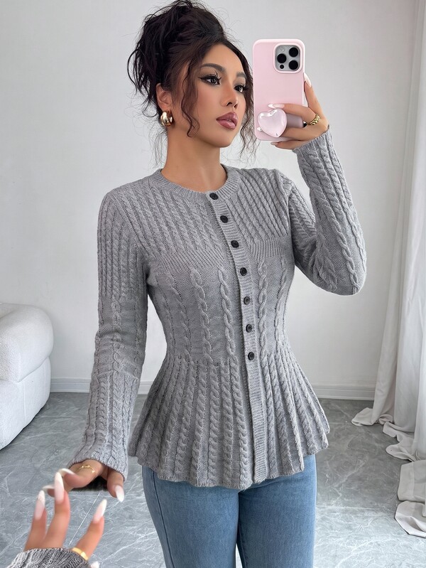 Elenzga Autumn/Winter Elegant Vintage Cable Knit Waist-Cinching Versatile Commuter Women's Cardigan Button Up Sweater Grey Knitwear Peplum Hem Ruffle Pullover