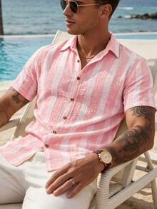 VENTUSAIL Men's Yellow Woven Striped Summer Lightweight Slim Fit Casual Vacation Short Sleeve Shirt - Pink - View 6