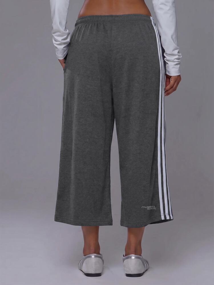 Musera Sport 4條紋鬆緊腰寬腿運動慢跑七分褲 Jorts 套裝下身 - 深灰色 - 查看 5