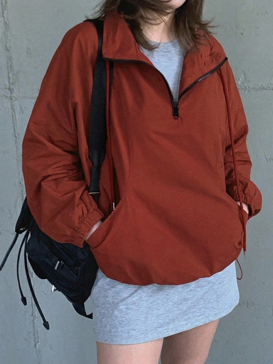 Dazy Plus Loose Zip Half-Open Neck Pullover Top, Spring/Autumn New Red Pullover - Burgundy - View 1