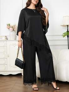 Reflora Plus Size Women Lace Patchwork Top And Pants Casual Daily 2 Pieces Set - Black - View 6