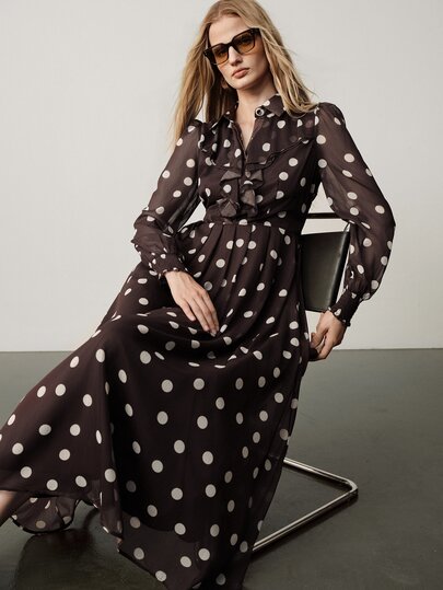 Aveloria Modichic Dress Waisted Chiffon Ruffle V-Neck Shirt Collar Cuffed Long Sleeve Vintage Elegant Brown Polka Dot Elegant Long Dress Thanksgiving