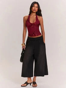 SHEIN BAE Women's Jacquard Slim Fit Versatile Daily Wear Halter Neck Top - Burgundy - View 3