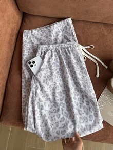 Comfortcana Quần dài nữ size lớn cạp chun rút họa tiết da báo phong cách thường ngày - Màu Xám nhạt - Xem 3