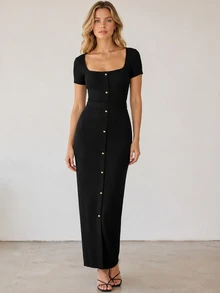 Cévolie Gentle Style Square Neck Lace Long Sleeve Knit Dress With Waist Belt, Single-Breasted Button, Slit, Slimming Bodycon Mid-Length Dress - Black - View 3
