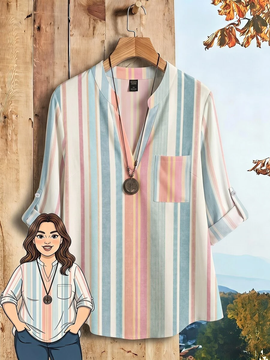 EMERY ROSE Striped Plus Size Women's V-Neck Rolled Sleeve Blouse, Suitable For Early Autumn - Multicolor - View 1