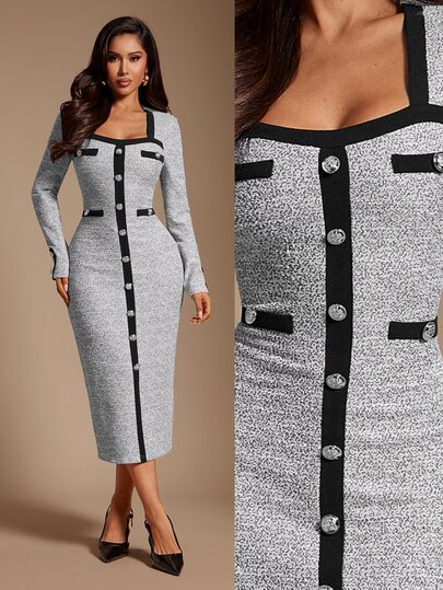 Radiana Women's French Style Fitted Floral Knit Dress, Button Dress, Blazer Dress, Back To School, Business Casual Women's Clothing, Western Style Women's Clothing, All-Match Versatile, Daily Casual Outing, Shopping, Gathering, Old Money Style Clothing, Commuting, Office