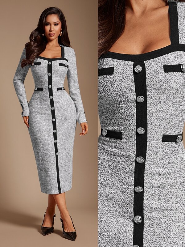 Radiana Women's French Style Fitted Floral Knit Dress, Button Dress, Blazer Dress, Back To School, Business Casual Women's Clothing, Western Style Women's Clothing, All-Match Versatile, Daily Casual Outing, Shopping, Gathering, Old Money Style Clothing, Commuting, Office
