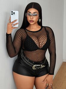 Mawevolt Plus Size Women Solid Color Hollow Out Casual Versatile Daily Wear Top - Black - View 1