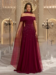 Glamrae Elegant Luxurious Beaded Diamond Sexy Off Shoulder A-Line Chiffon Ruched Dress With Halter Neck, Suitable For Wedding, Party, Bachelor Party, Vacation, Ball, Evening Gala - Burgundy - View 7