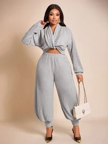 Brilight Grey Ribbed Knit 2 Pieces Loungewear Set V Neck Long Top High Waist Jogger Pants For Daily Lounge Str - Grey - View 8