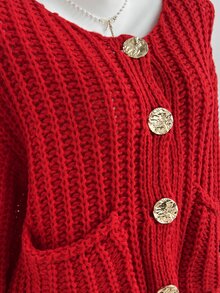 Sweetra Vintage French Style Round Neck Large Button Chunky Knit Cardigan - Red - View 5