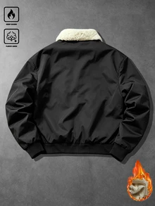 Manfinity EMRG Jaket Pria Musim Gugur/Dingin Motif Bintang & Bulan, Berlapisan Bulu Domba, Kerah Lipat, Manset Bergaris, Penutup Resleting & Kancing, Jaket Kerja Luar Ruangan - Hitam - View 2