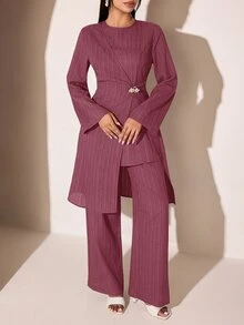Veilorie 女款純色圓領長袖側腰金屬裝飾長版上衣與長褲時尚兩件套 - 藕粉色 - 查看 7