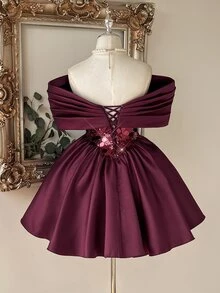 Lovelzi Elegant Romantic Fashionable Angola Red Satin Sequin Patchwork Strapless Off-Shoulder Adjustable Back Flared Short Party Dress, Wedding Guest Dress, Deep Red Dress, Bachelorette Party, Ball Gown - Burgundy - View 3