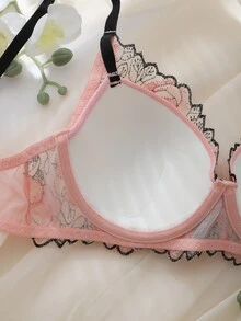 DelicateAllure Pink Underwire Molded Cup Comfy Balconette Push Up High Support Floral Embroidery Pure Romantic Women's Bra - Pink - View 4