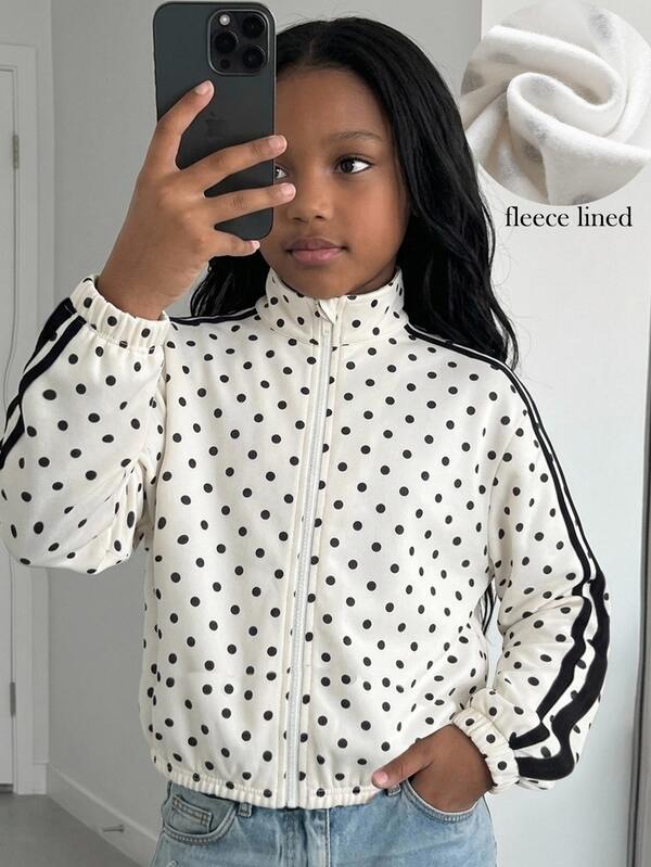 Tween Girls Squishy Polka Dot Woven Tape Stand Collar Parka Jacket, Formal Casual Daily Outing Versatile Streetwear, Suitable For Any Occasion, Sister Outfit, Parent-Child Matching, Cute Girls Outfit