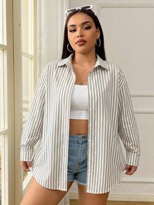 SHEIN EZwear 女款大尺碼杏色拼色條紋長袖襯衫 - 卡其色 - 查看 4