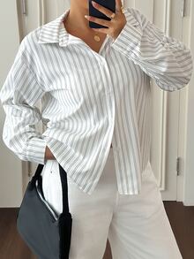 Dazy Plus Old Money Striped Loose Collar Shirt, Spring/Autumn New Casual Long Sleeve Blouse - White - View 5