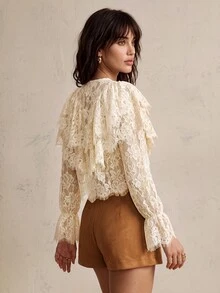 CielaLinda Blus Renda Berkerut Warna Aprikot untuk Wanita, Kemeja Boho Feminin Lengan Panjang - Aprikot - View 2