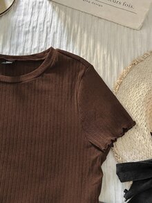 Comfortcana Plus Size Women's Solid Color Crew Neck Short Sleeve Ribbed Casual T-Shirt - Brown - View 6
