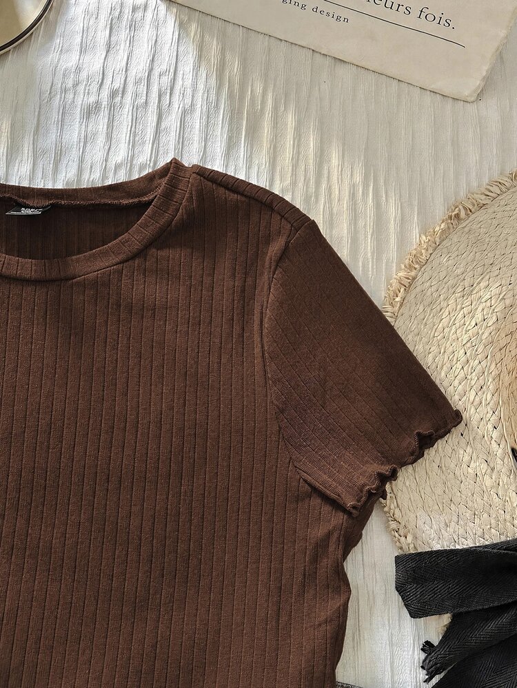 Comfortcana Áo thun nữ size lớn màu trơn cổ tròn tay ngắn gân rãnh phong cách thường ngày - màu nâu - Xem 6