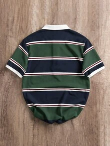 Manfinity Joysei Men's College Striped Button Half-Placket Polo Shirt - Green - View 2