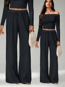 SHEIN Tall Loose Drawstring Waist Trousers In Textured Crinkle Fabric - Dark Grey - View 9