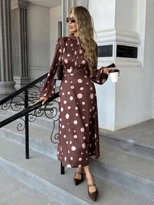 Pariaura 4-Way Stretch Asymmetrical Polka Dot Print Pleated Chest Small Stand Collar Fashion Women's Mid-Length Dress - Multicolor - View 3