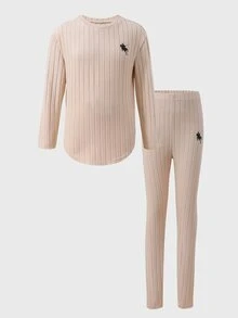 女童（大童）秋冬加厚保暖校園運動內搭毛絨羅紋圓領曲擺長袖上衣與內搭褲 T-shirt 套裝 - 杏色 - 查看 1