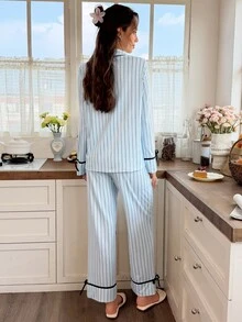 Snug Reverie Women's Lapel Striped Print Tie Bow Decor Long Sleeve Long Pants Pajama Set - Multicolor - View 2
