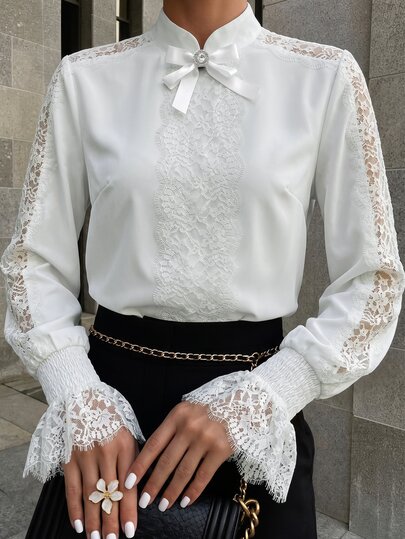 Balvessa New Chinese Style Stand Collar Rhinestone Bow Brooch Decor Placket Contrast Lace Back Neck Water Drop Slit Mushroom Button Cuffs Gathered Lace Trim 3/4 Sleeve Women's Blouse