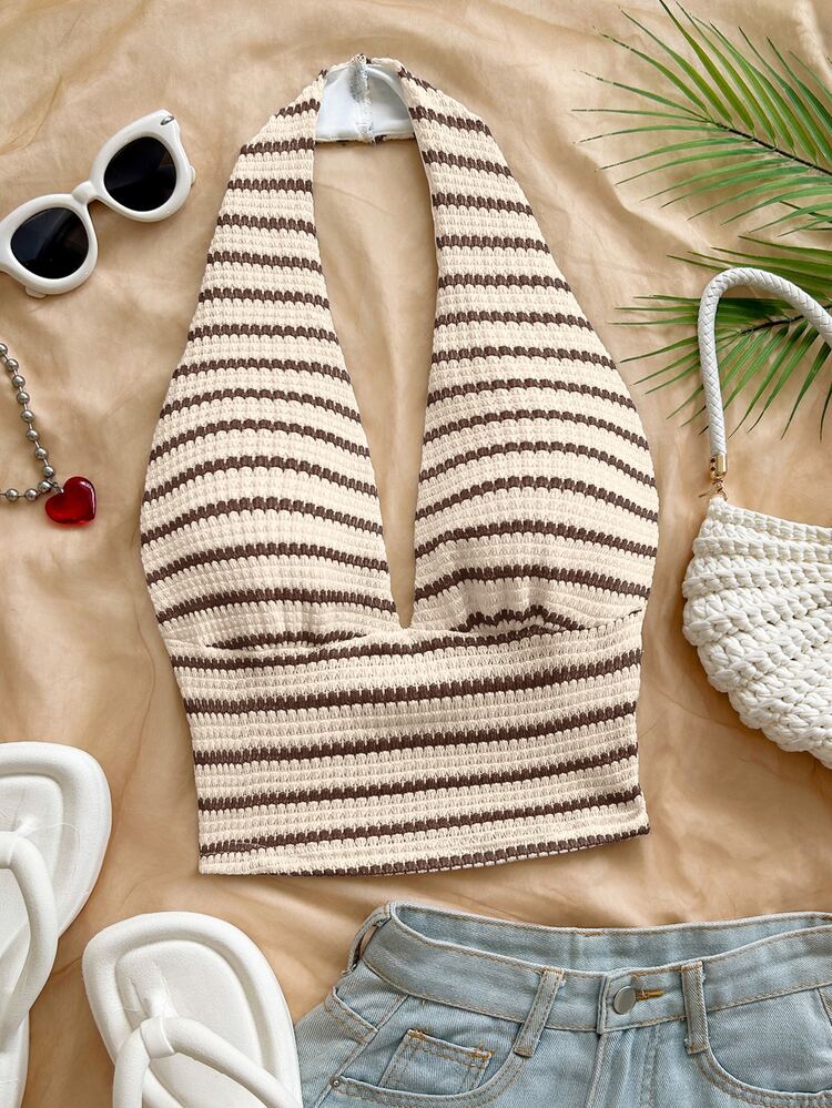Soleia Áo tank top nữ casual kẻ sọc cổ yếm hở lưng cho đi du lịch - Nhiều màu - Xem 5