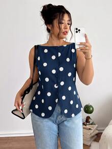 Lounesse Kemeja Wanita Ukuran Besar Motif Polkadot Kasual Serbaguna untuk Aktivitas Sehari-hari - Navy Blue - View 8