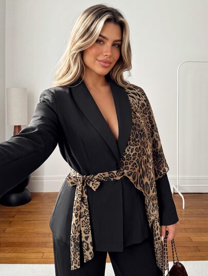 Vionelle Plus Size Women's New Fashion Black Long Sleeve Leopard Print Asymmetric Patchwork Regular Fit Lapel Blazer