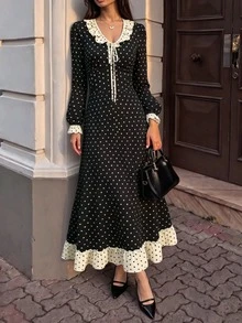 SHEIN Women's French Polka Dot Print Tie Strap Dress - Black - View 4