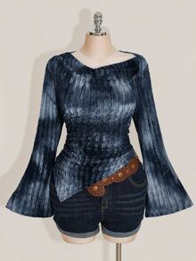 SHEIN ICON Autumn Women's Plus Size Casual 1920 Vintage Cold Shoulder Going Out Evening Blue Print Asymmetric Hem Long Sleeve Flare Sleeve T-Shirt - Blue - View 3