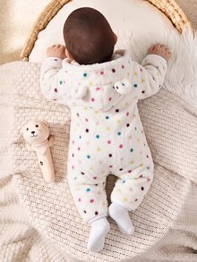 SHEIN Baby Girl Autumn/Winter Cute Fluffy Polka Dot Hooded Romper - White - View 2