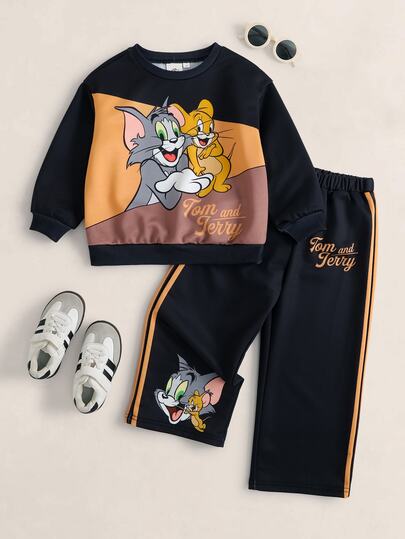 TOM & JERRY X SHEIN Young Boy Cartoon Print Long Sleeve Sweatshirt And Striped Colorblock Pants Set