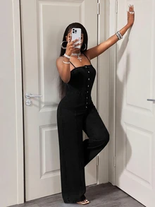 BamGleam 女款時尚牛仔細肩帶連身褲 - 黑色 - 查看 6