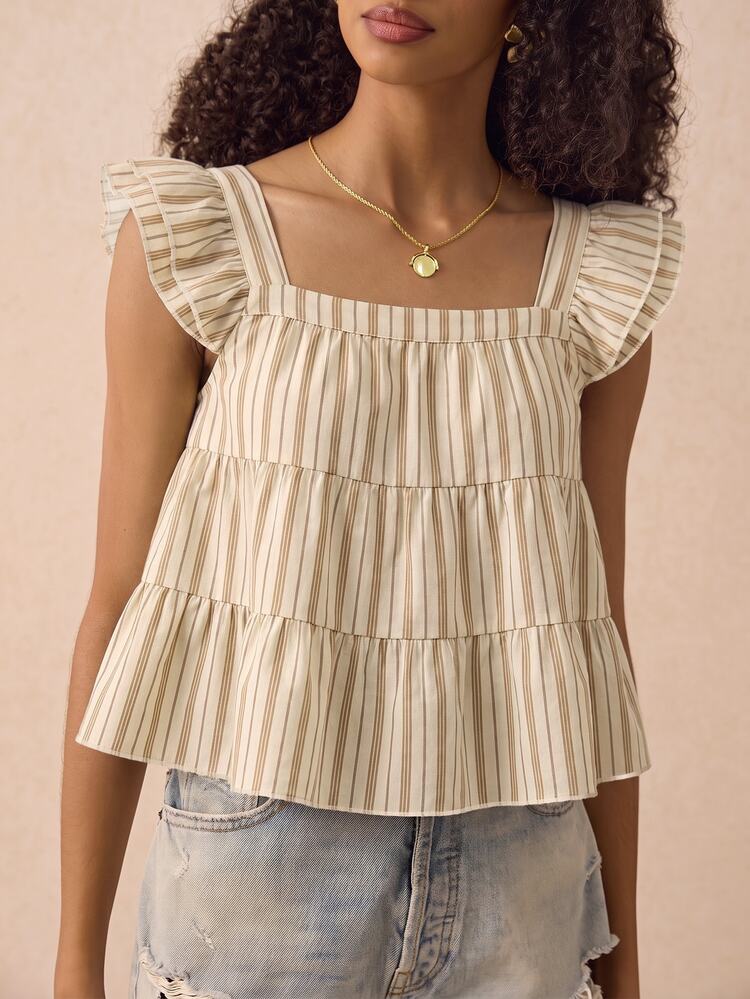 Muvela Casual Minimalist Style Apricot Striped Women's Shirt Suitable For Spring, Summer And Early Autumn - Multicolor - View 5