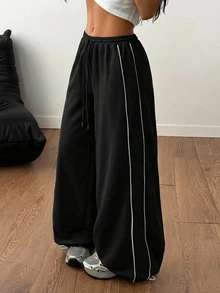 Coolane 大尺碼女款拼色休閒日常運動長褲 - 黑色 - 查看 4