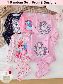 1套女童幼兒舒適圓領長袖上衣與長褲套裝，粉色與黑色發光獨角獸圖案，柔軟針織貼身款秋冬睡衣 - 彩色 - 查看 3