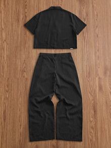 SWAVVY Men's Striped Shirt And Suit Pants Set - Black - View 4
