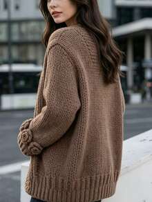 Balvessa Women's Autumn/Winter Casual 3D Floral Decor Cardigan - Brown - View 2