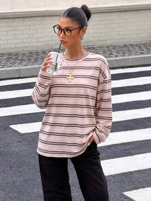 Muchica 女款韓系街頭風條紋長袖運動衫，休閒款 - 白色 - 查看 6