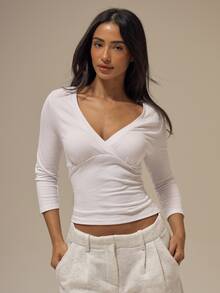 MUSERA ESSENTIALS White Ruched Bust Wrap Front Long Sleeve Slim Fit Tee Top Casual Loungewear Everyday - White - View 1
